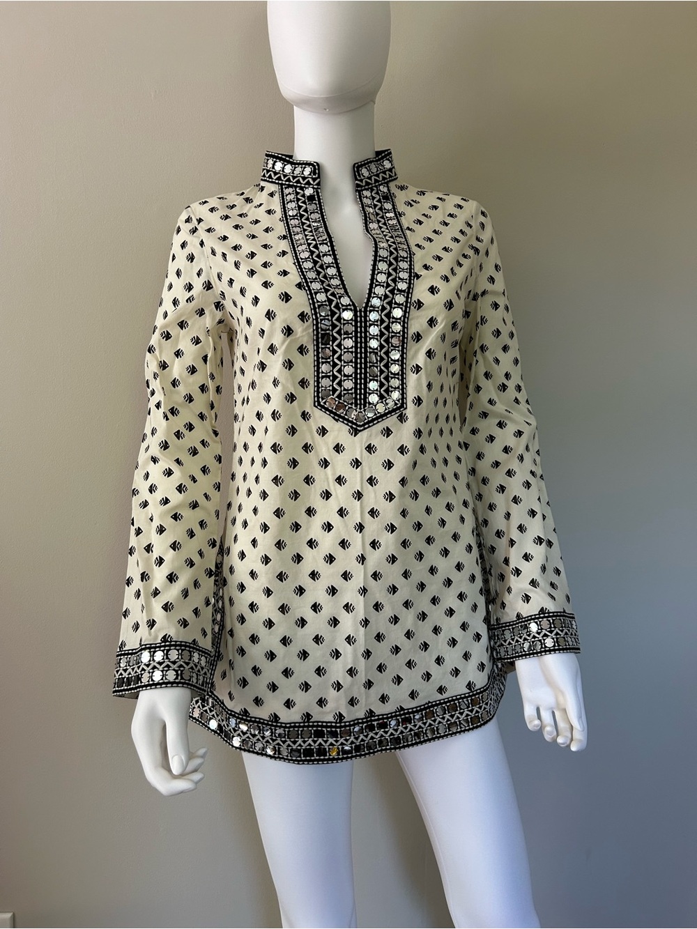 NWT Tory Burch Mirror Embellished Tunic Top Size 2 Ivory Black Boho Cotton